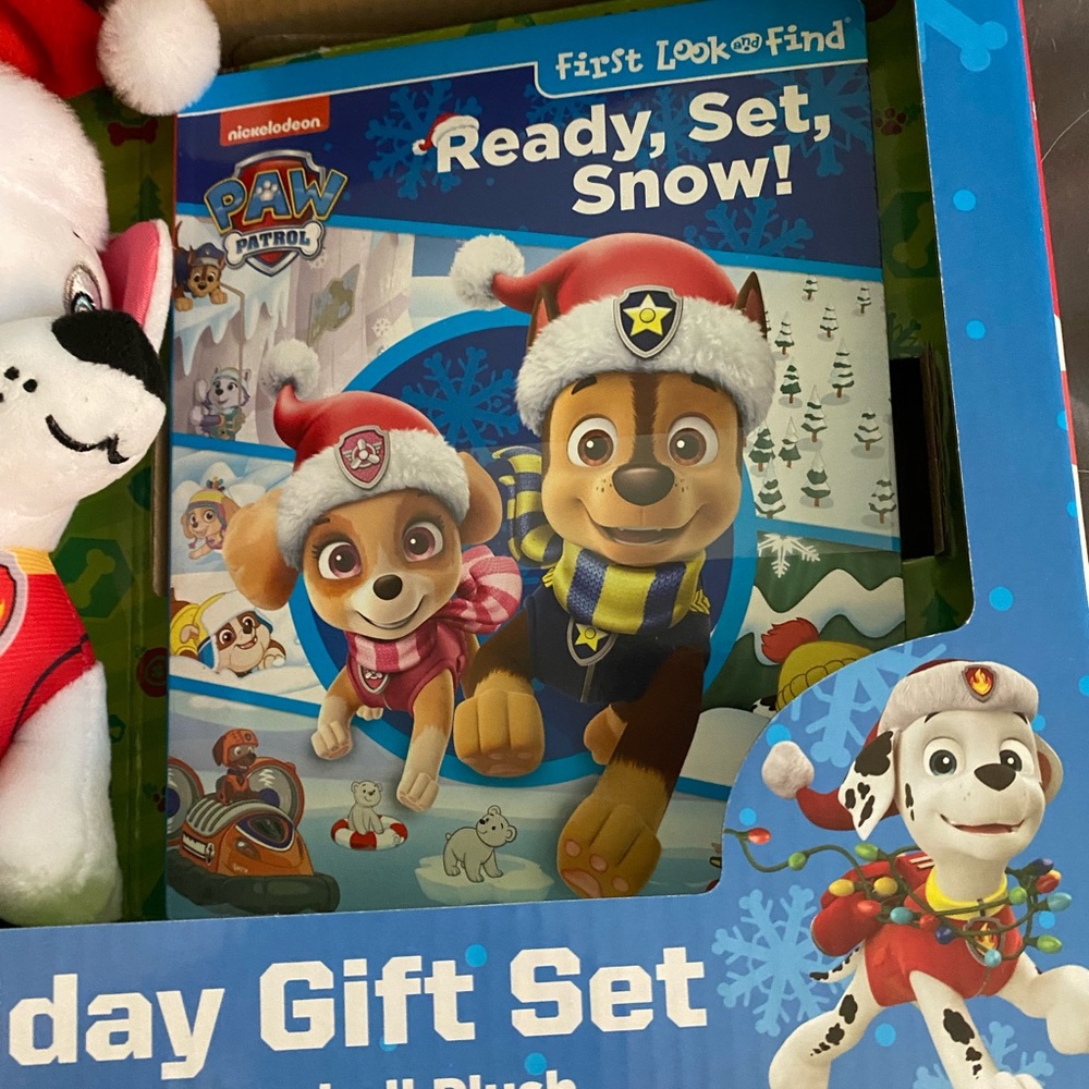 Paw Patrol Chase look and find book and stuffed animal.